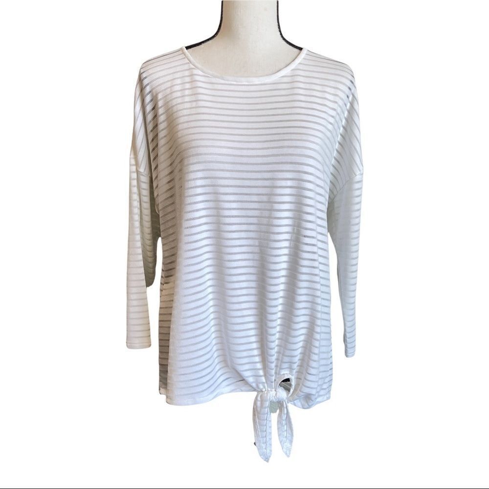 Chico's Tie Front Sheer Striped Long Sleeve Scooped Neck‎ Tee - Size 8